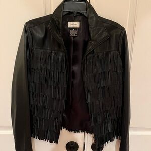 Neiman Marcus Black Leather Fringe Zip Jacket Buttery soft leather.